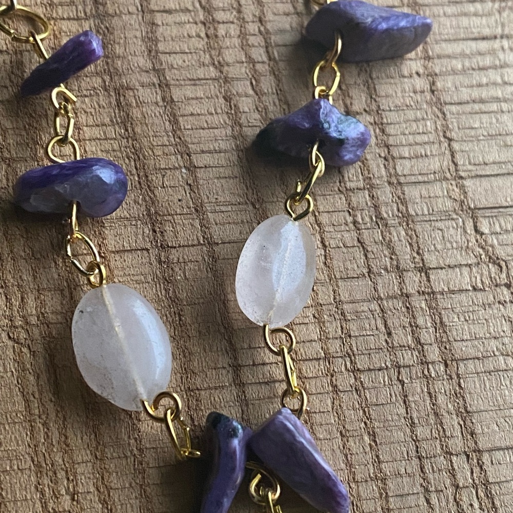 Gold and Purple Lotus Pendant Necklace with Amethyst and Rose Quartz - Picture 2 of 8